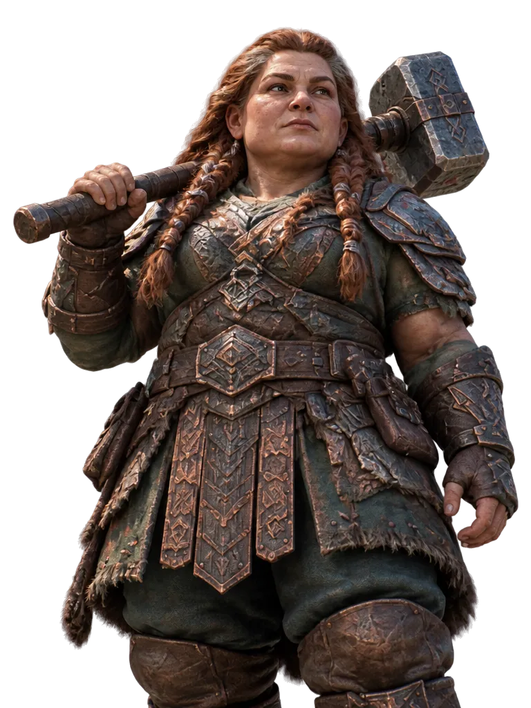 Brunhild Ironbraid, juara Delven, dengan palu tempa di bahu dan kepang bercincin tembaga.