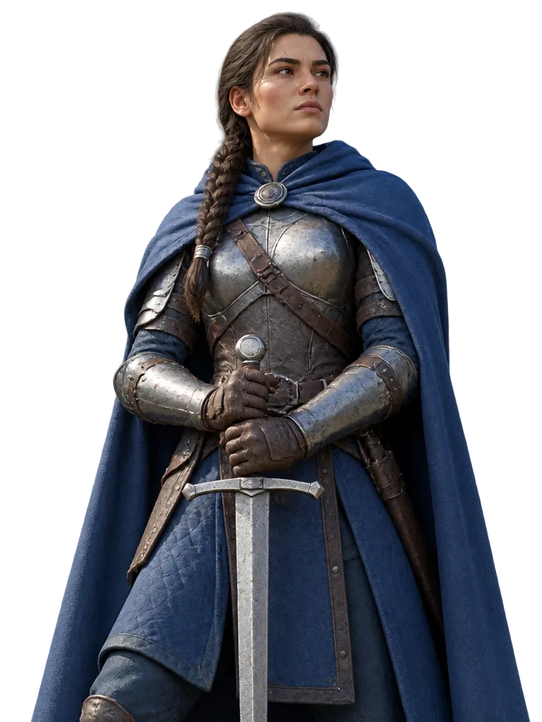 Tess Maddox, juara Lembah bermantel biru, kedua tangan di gagang pedang panjang.