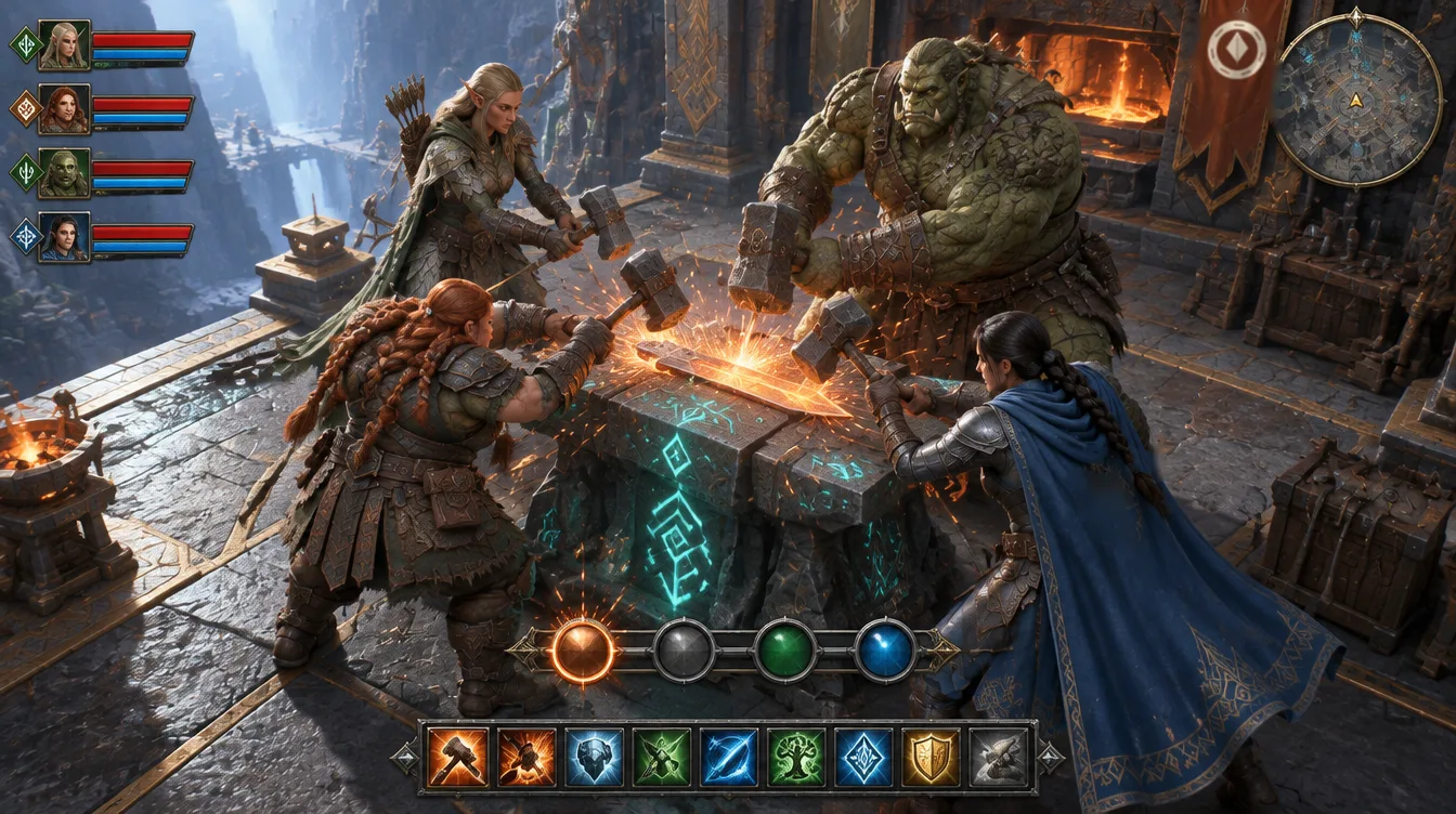 Tangkapan gameplay: empat pemain dari empat bangsa memukul landasan rune bersama. HUD menampilkan bingkai party, jalur urutan pukulan empat warna dengan soket tembaga menyala, dan hotbar skill.